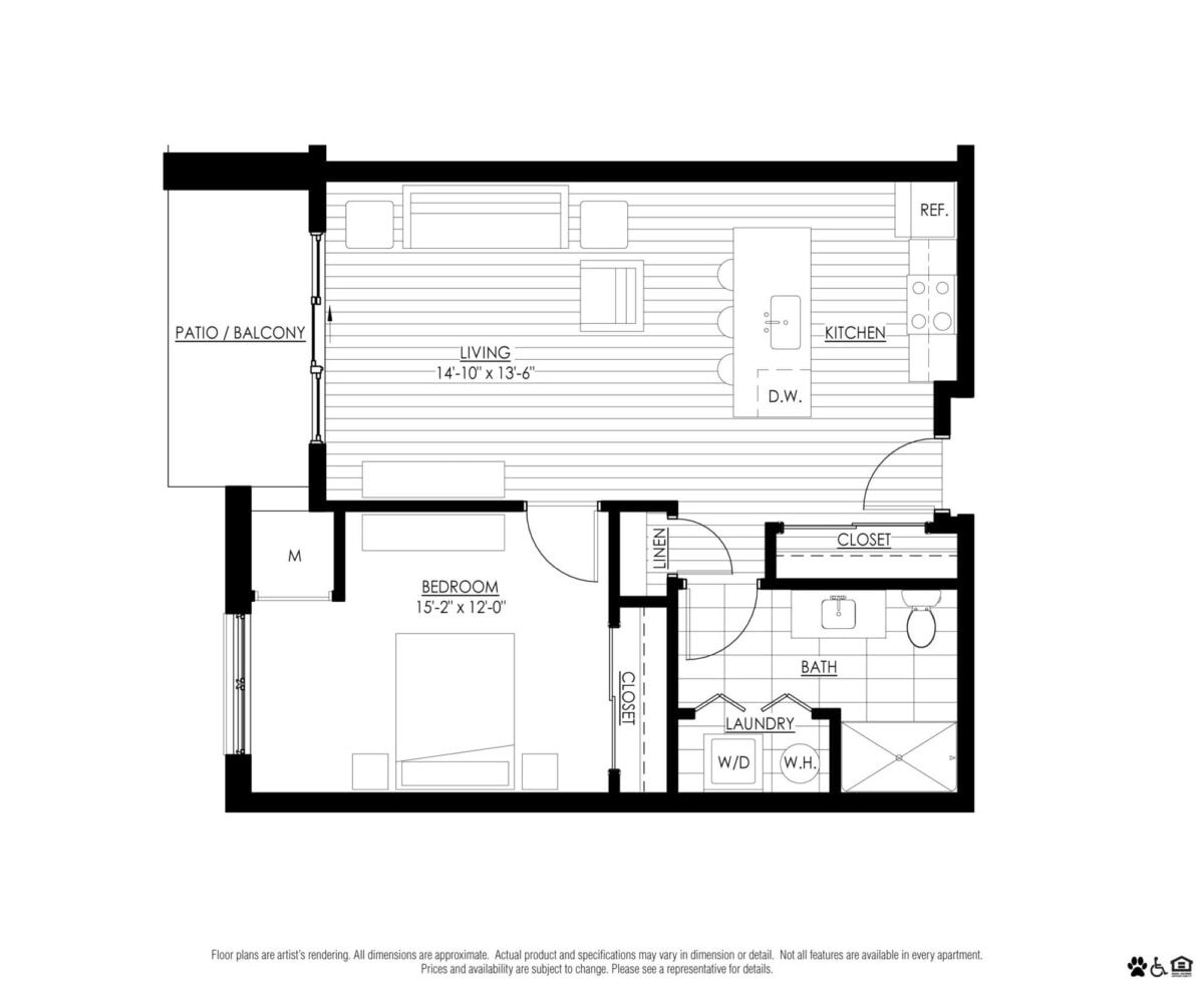 Black and white floor plan showing a one-bedroom apartment with living room, kitchen, bath, laundry, closet, and patio/balcony. Labels and dimensions are included for each area.