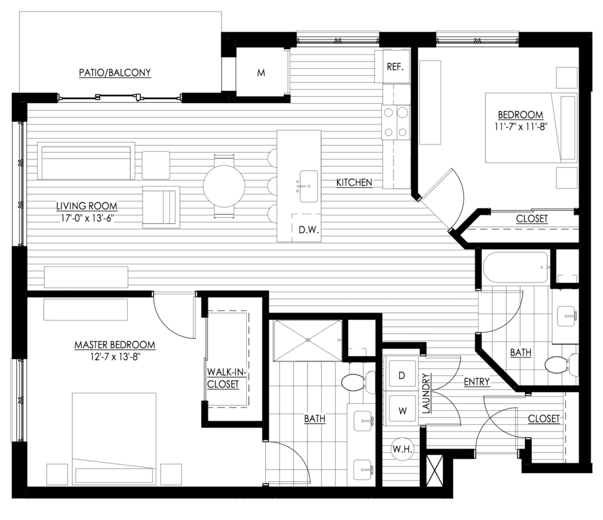 Black and white floor plan of a two-bedroom apartment showing living room, kitchen, two bathrooms, laundry, closets, and a patio/balcony.