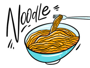 Illustration of a blue bowl filled with orange noodles, with a fork lifting some noodles. The word Noodle is written in large, stylized letters on the left side.