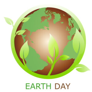 Illustration of Earth with green continents, surrounded by leafy plants, symbolizing nature. The words EARTH DAY are written below the globe in green and brown text.