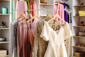A clothing rack with elegant dresses in pastel and metallic colors, including a white dress and a gold sequin gown, stands in front of an organized closet with more colorful clothing, shoes, handbags, and a crown on display.