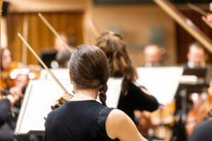 A musician with a braided ponytail plays the violin in an orchestra. She faces away from the camera, reading sheet music, surrounded by other blurred musicians and instruments.