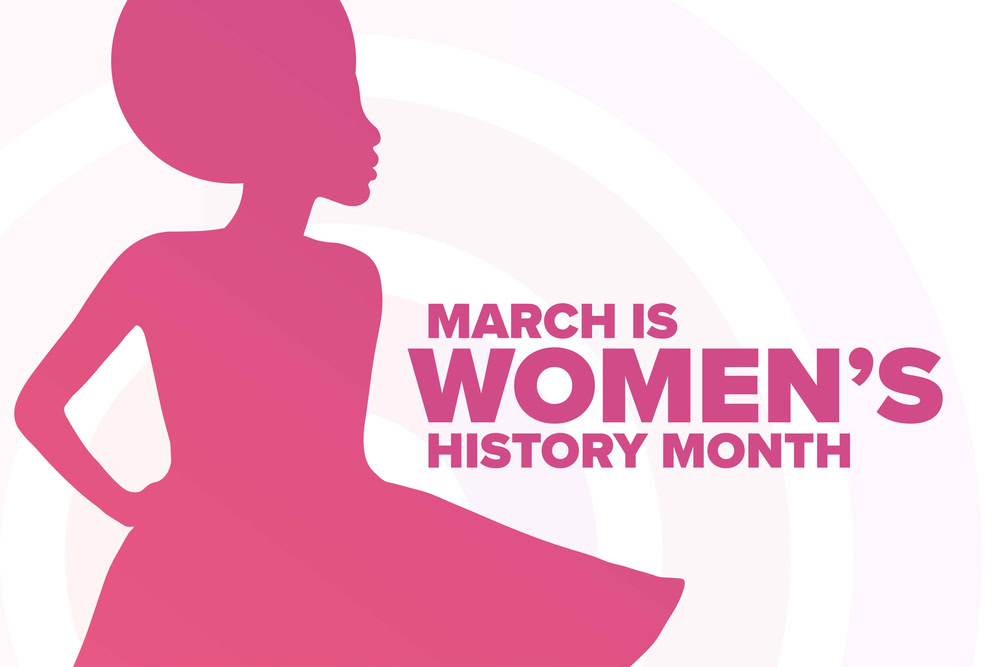 Silhouette of a woman with an afro hairstyle in pink tones, next to bold text that reads March is Womens History Month on a white and pink gradient background.