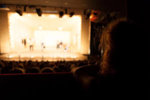 A person sits in the foreground, watching a brightly lit stage performance in a crowded theater. The stage and actors are blurred, highlighting the viewer’s perspective from the audience.