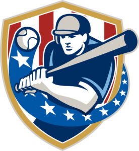Illustration of a baseball player swinging a bat with a baseball and stars in the background, all inside a shield with red and white stripes and a gold border.