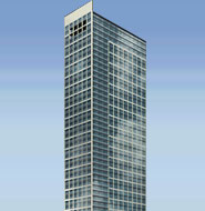 A tall rectangular glass and steel office building stands against a clear blue sky.