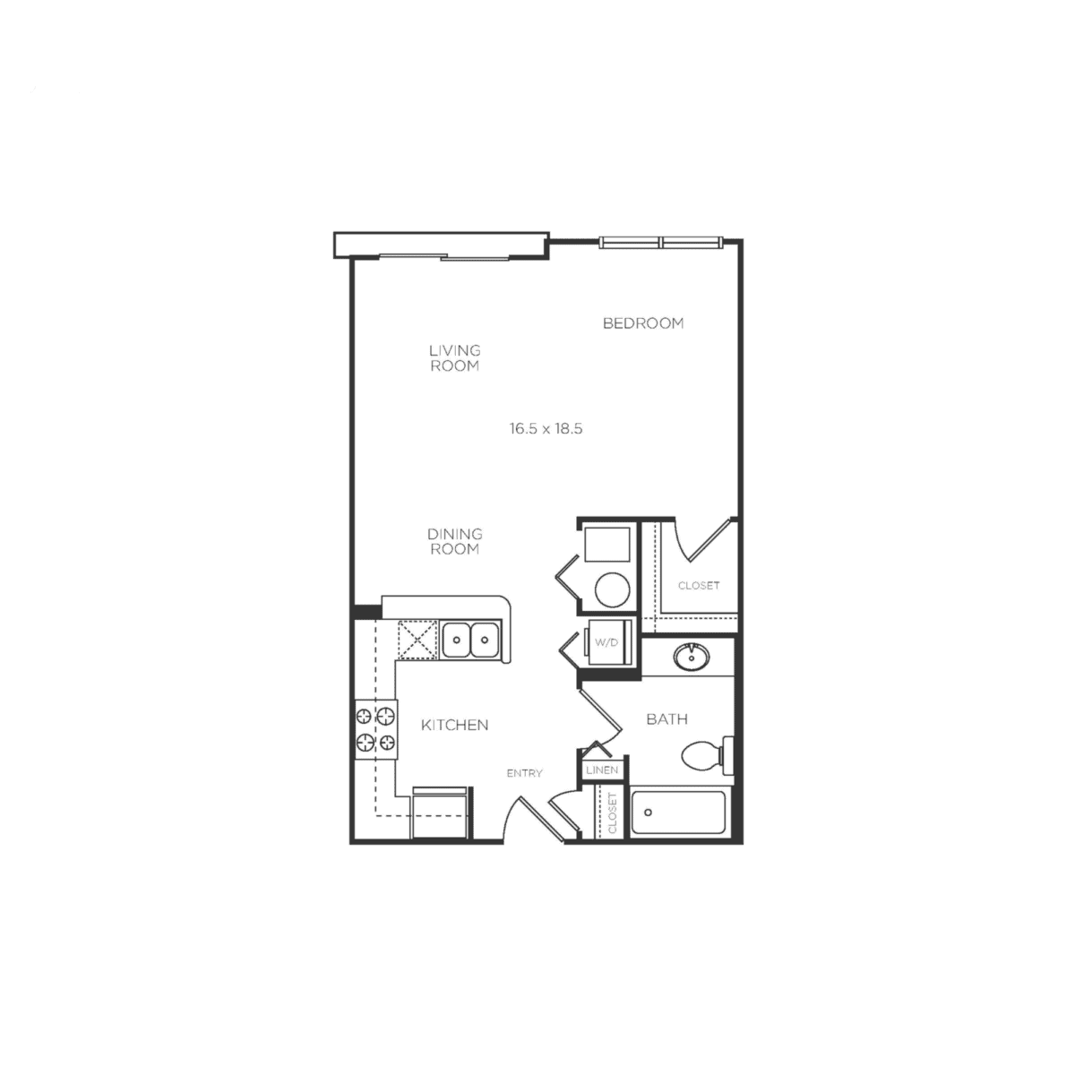 Black and white floor plan of a one-bedroom apartment featuring a kitchen, dining room, living room, bathroom, closet, and washer/dryer area.