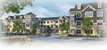 Rendering of a modern, three-story apartment complex with trees, landscaping, and people walking on sidewalks along a curved street.