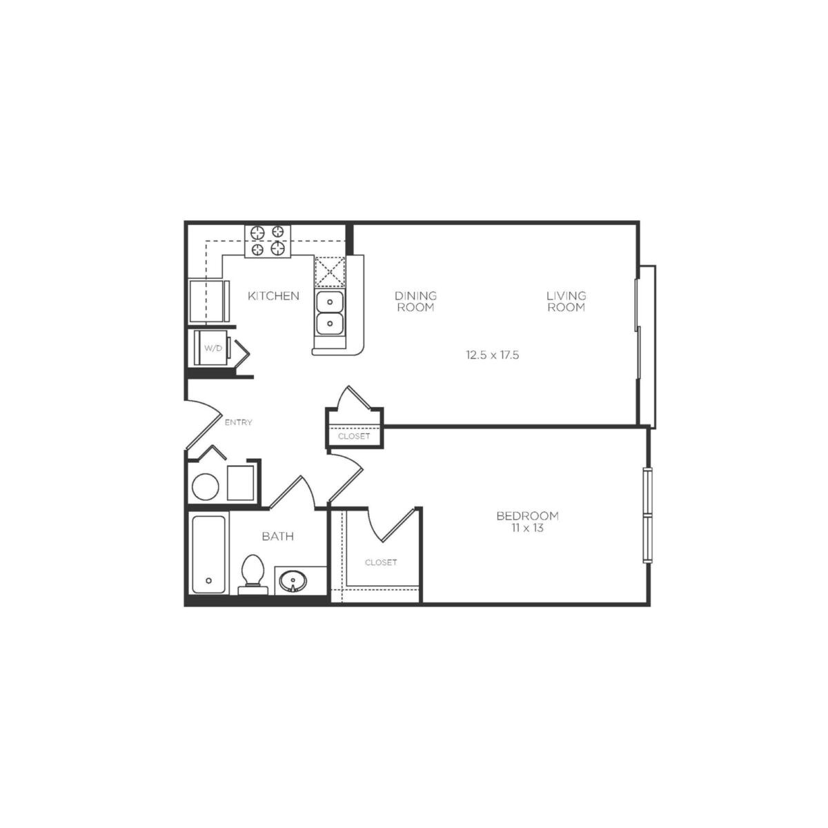 Black and white floor plan of a one-bedroom apartment with kitchen, dining room, living room, bathroom, two closets, and washer/dryer area. Room dimensions are labeled.
