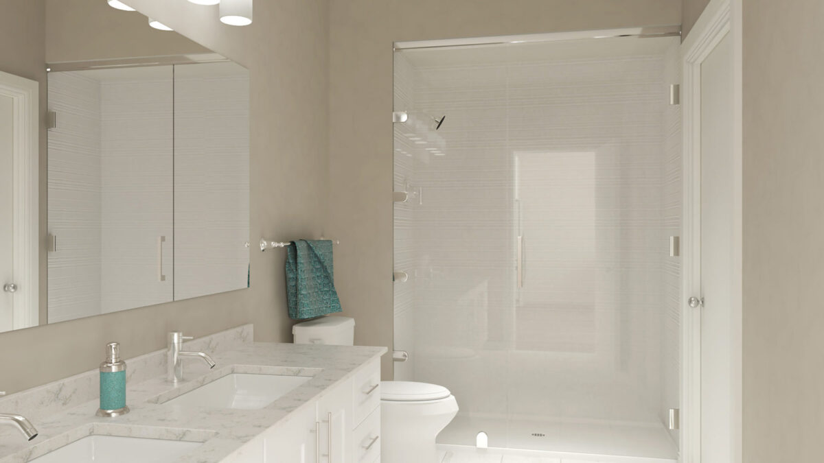 Modern bathroom with a double sink vanity, marble countertop, large mirror, toilet, towel, and glass-enclosed shower.