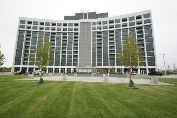 A modern, multi-story hotel building with large windows, a central entrance, and two newly planted trees on a well-manicured lawn in front.