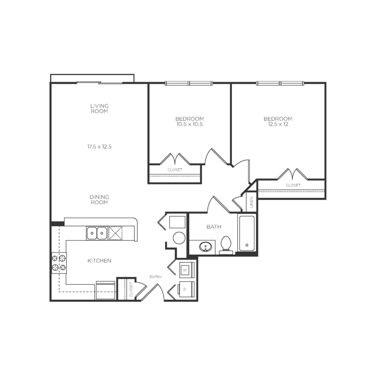 Black and white floor plan of a two-bedroom, one-bath apartment with a kitchen, dining room, living room, closets, and entryway.