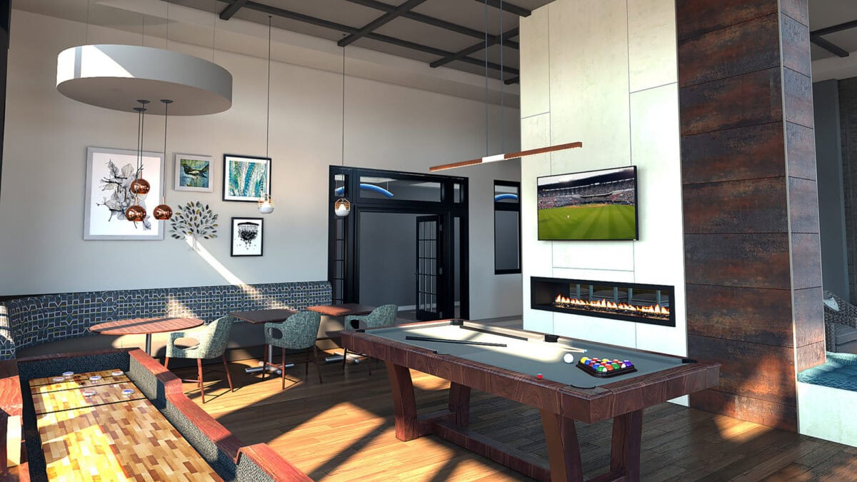 A modern lounge with a pool table, shuffleboard, seating areas, wall art, a fireplace, and a TV displaying a sports game. Sunlight streams in through large windows.