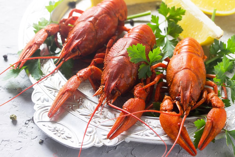 Three cooked crayfish are served on a silver platter with fresh parsley and lemon wedges.