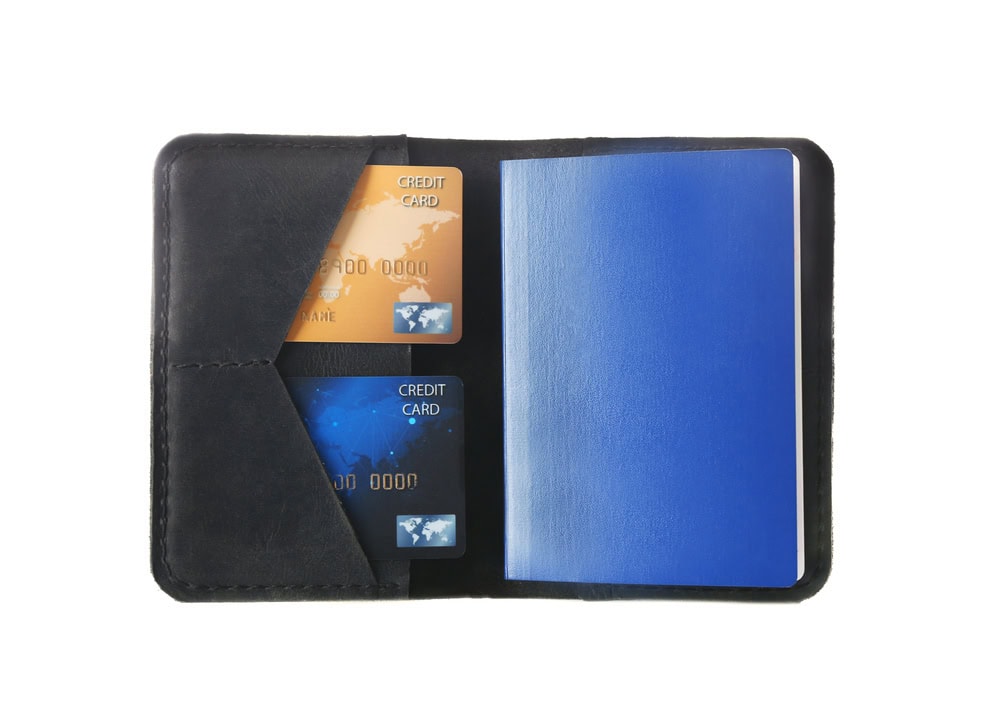 Open wallet containing two credit cards and a closed blue notebook against a white background.