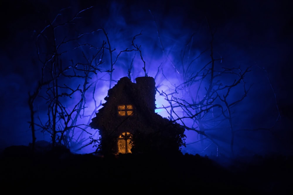 A small, dark house silhouette with lit windows stands among bare branches, illuminated by a blue and purple misty background.