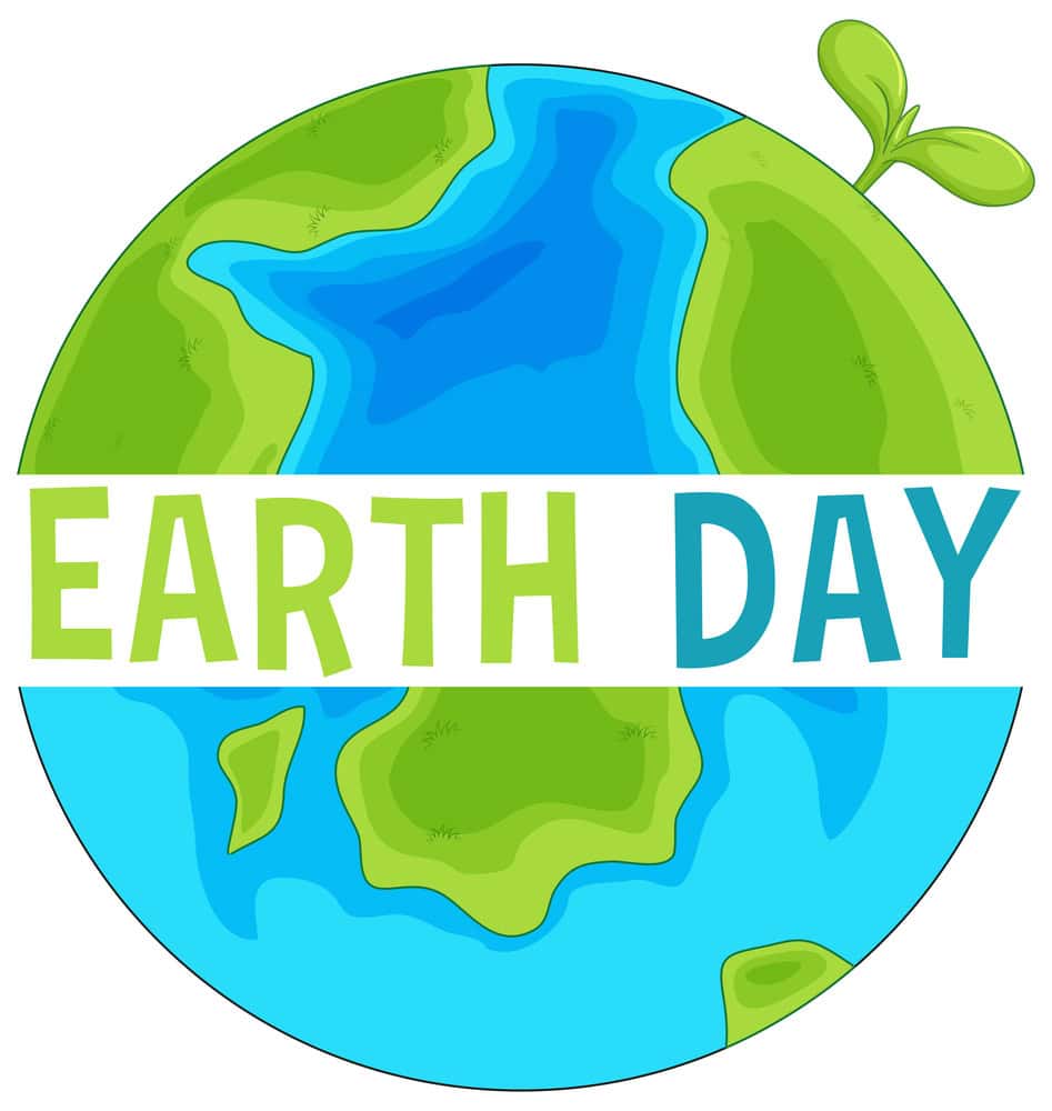 Illustration of Earth with the text "EARTH DAY" across the middle and a green sprout growing from the top right.