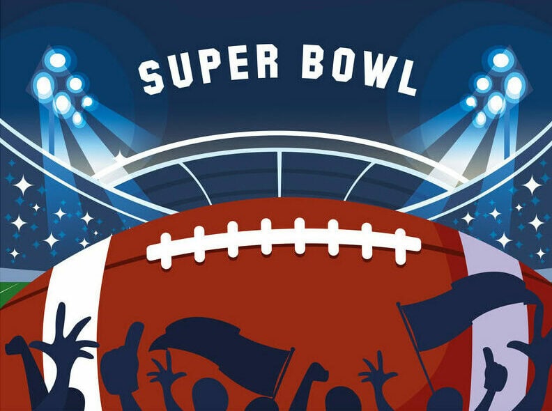 Illustration of a football stadium with "Super Bowl" text, spotlights, a large football, and a cheering crowd holding banners in the foreground.