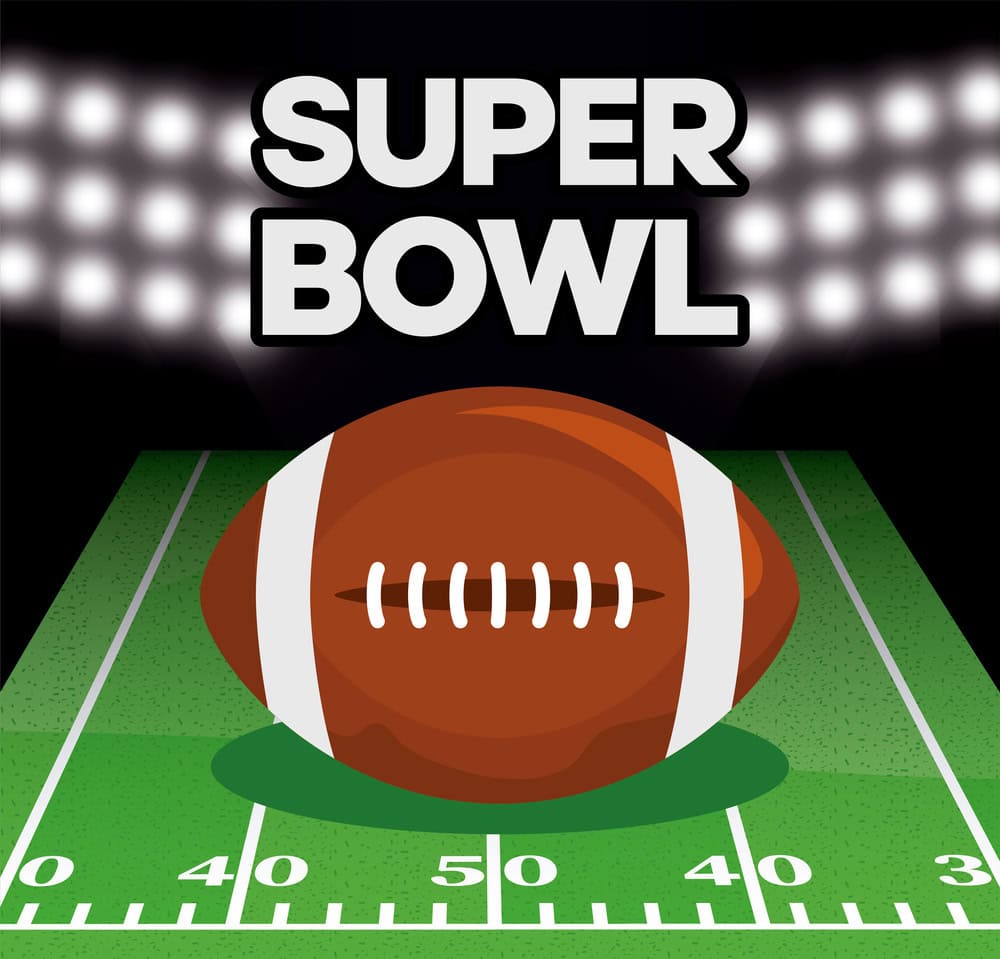 An American football on a field with stadium lights in the background and the words "SUPER BOWL" above.