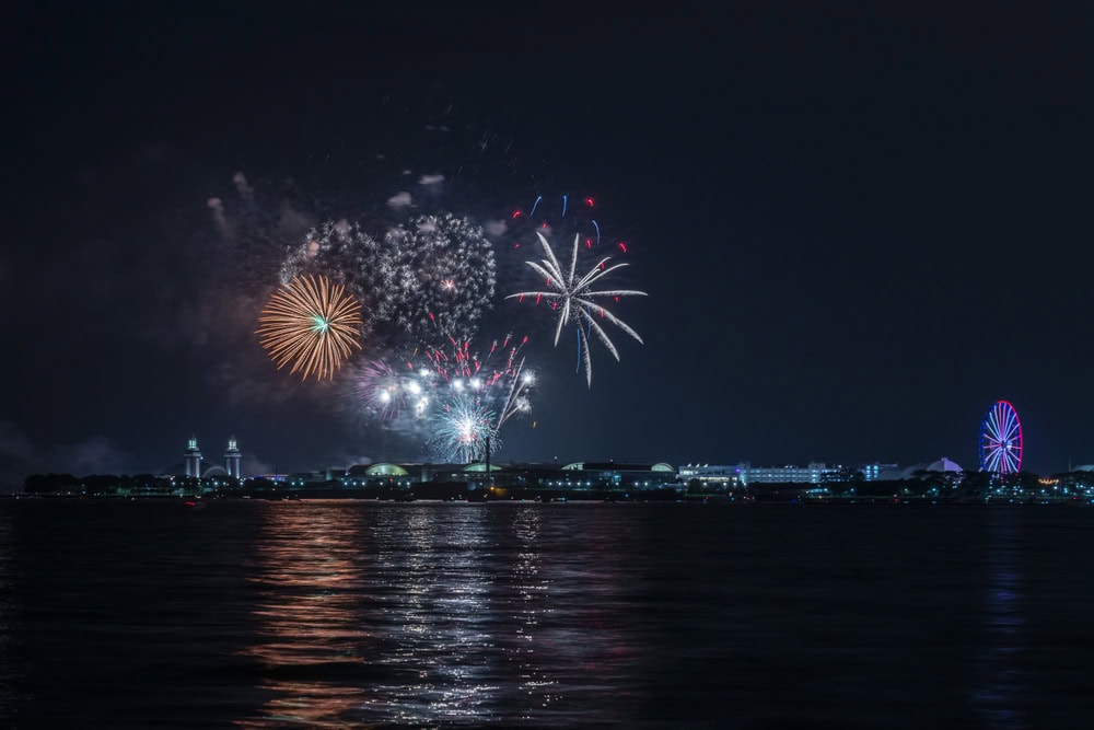 Fireworks light up the night sky over a waterfront cityscape, with reflections on the water and a lit Ferris wheel visible in the distance.