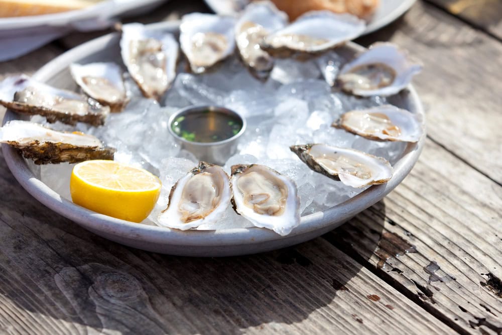 A plate of raw oysters served on ice with a half lemon and dipping sauce, set on a rustic wooden table.