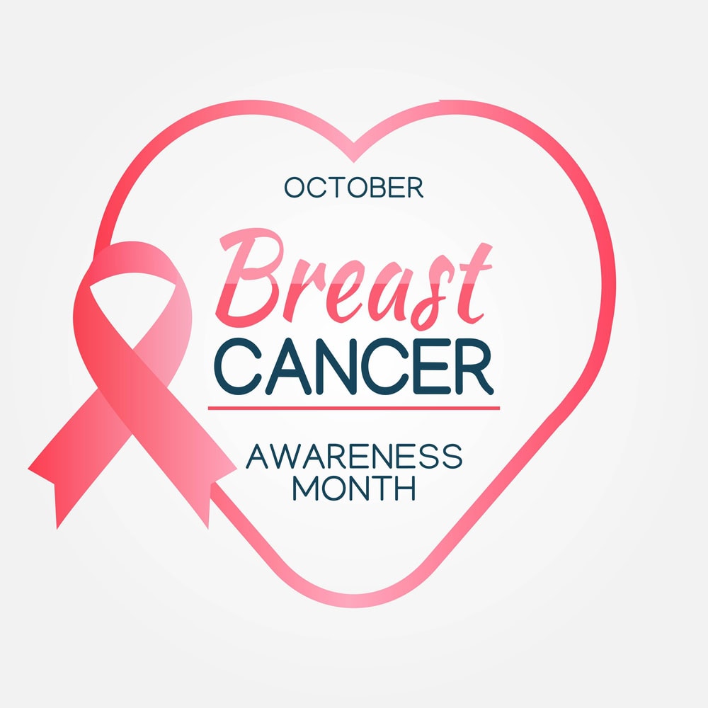 A pink ribbon beside the text "October Breast Cancer Awareness Month" inside a pink heart outline on a white background.