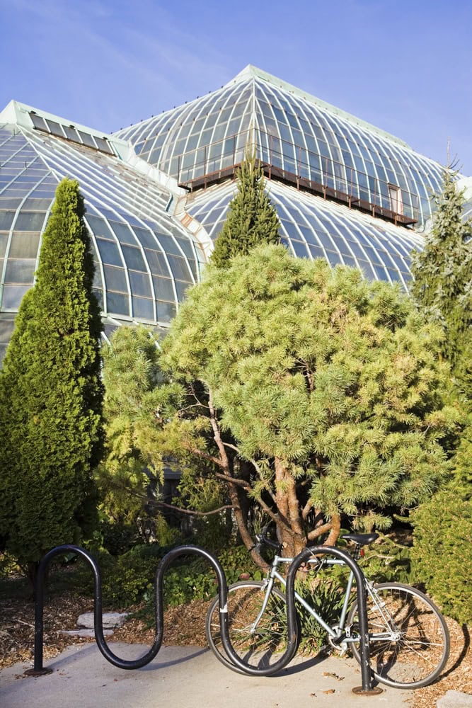 A bicycle is parked at a bike rack in front of a greenhouse with glass-paneled roofs surrounded by trees and shrubs.