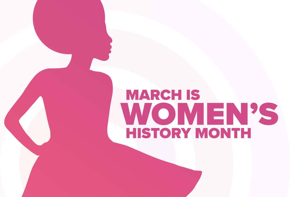 Pink silhouette of a woman with text that reads "March is Women's History Month" on a white and light pink background.