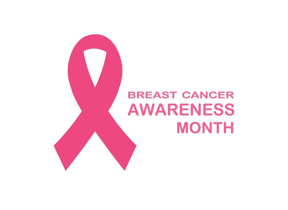 Pink ribbon with the text "Breast Cancer Awareness Month" on a white background, symbolizing support and awareness for breast cancer.
