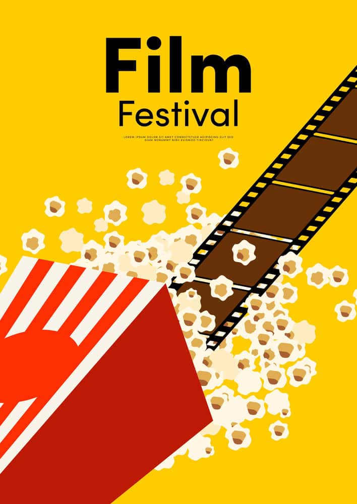 A red and white popcorn box spills popcorn next to a strip of film on a yellow background with the words "Film Festival" at the top.