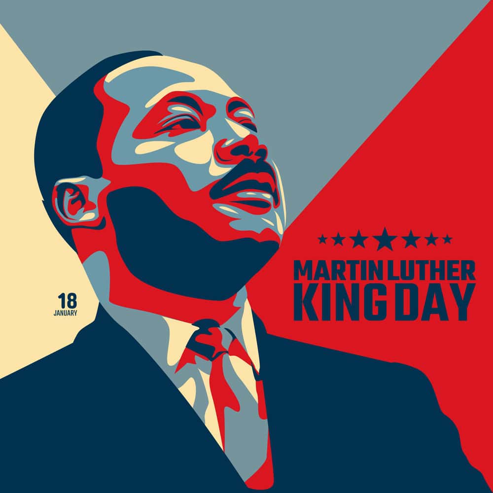 Stylized illustration of Martin Luther King Jr. looking upward, with text reading "Martin Luther King Day" and "18 January" on a geometric background.