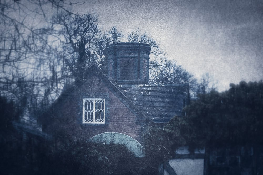 A brick house with a large chimney, arched entrance, and a window with a diamond lattice design, surrounded by bare trees under a gloomy, overcast sky.