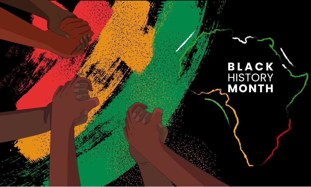 Illustration of diverse hands clasped together in solidarity with a red, yellow, and green paint streak and an outline of Africa. Text reads "Black History Month.