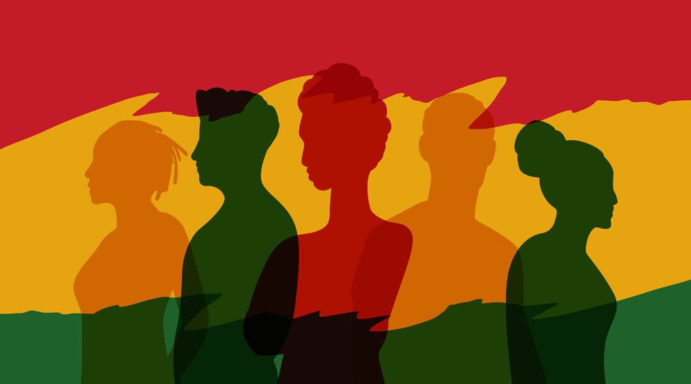 Silhouettes of four people standing against a background of red, yellow, and green horizontal stripes.