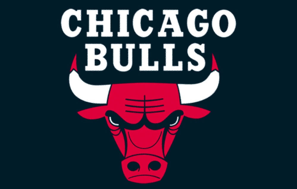 Chicago Bulls logo featuring a red bull’s head with white horns under bold white text reading "Chicago Bulls" on a dark background.