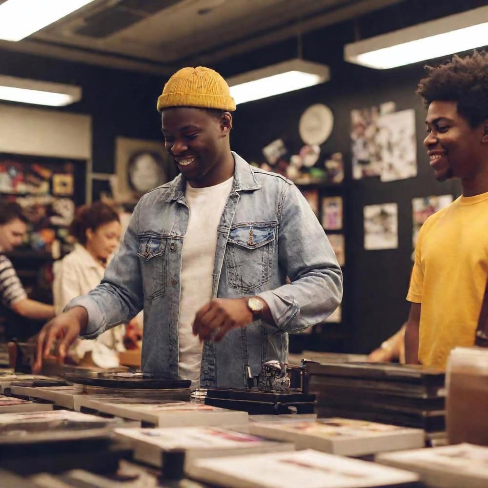 Two young men browse vinyl records in a music store, smiling as they look through album covers. Other people are also shopping in the background.