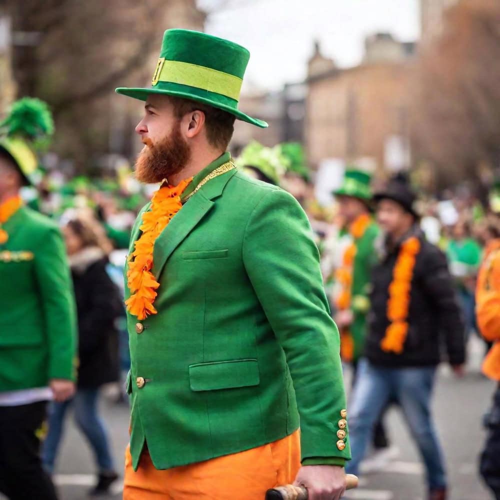 A person in a bright green suit, green top hat, and orange accessories participates in a parade, with others in similar festive attire in the background.