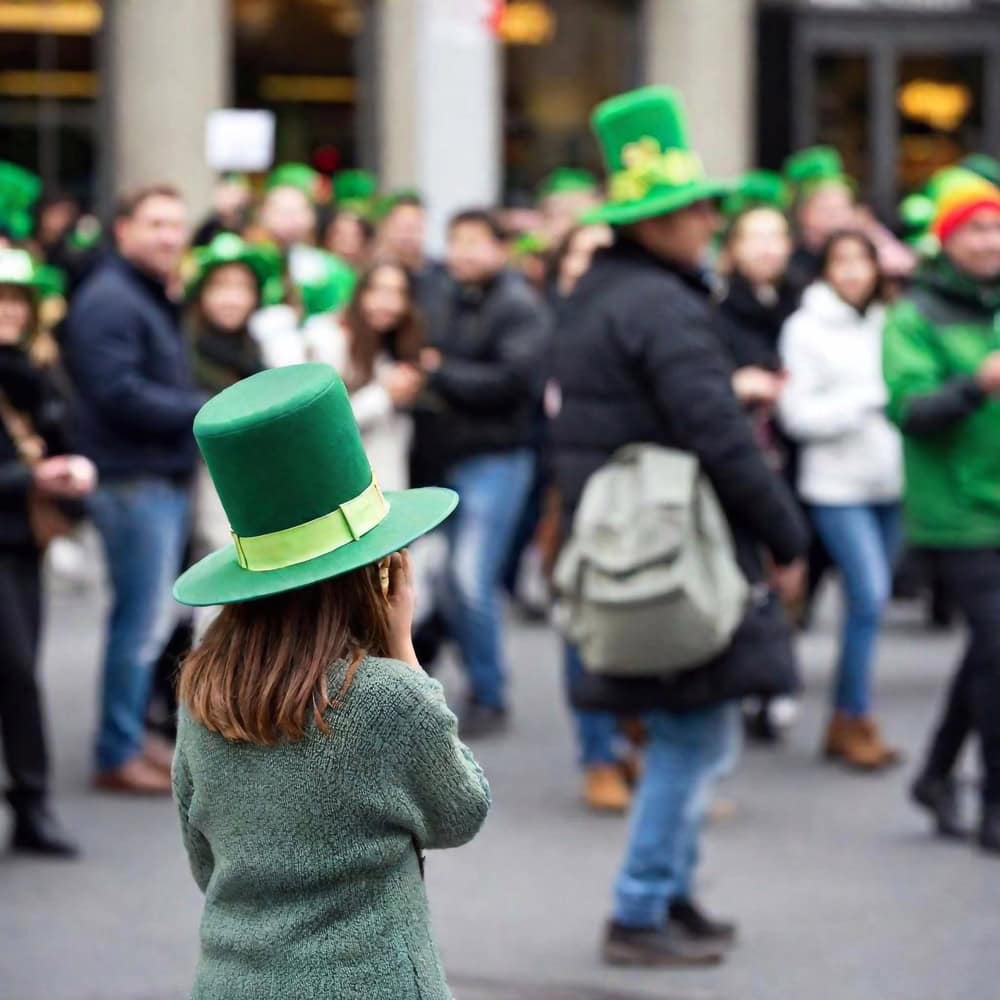 A crowd of people wearing green clothing and hats, some with shamrocks, gathers outdoors, likely celebrating St. Patrick's Day. A child in a green hat stands in the foreground.