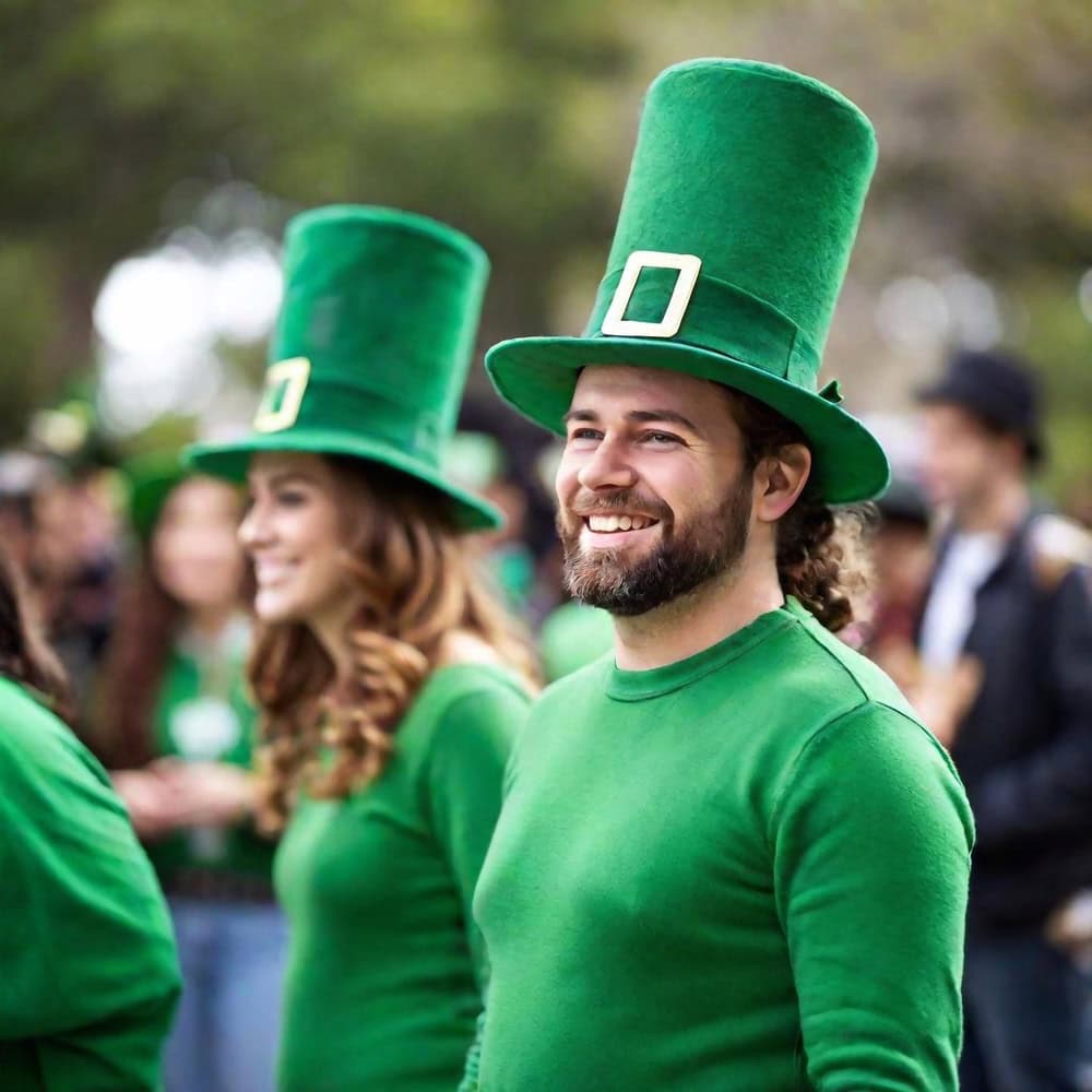 A man in a green shirt and tall green leprechaun hat with a gold buckle smiles at an outdoor event; others in similar outfits stand nearby.