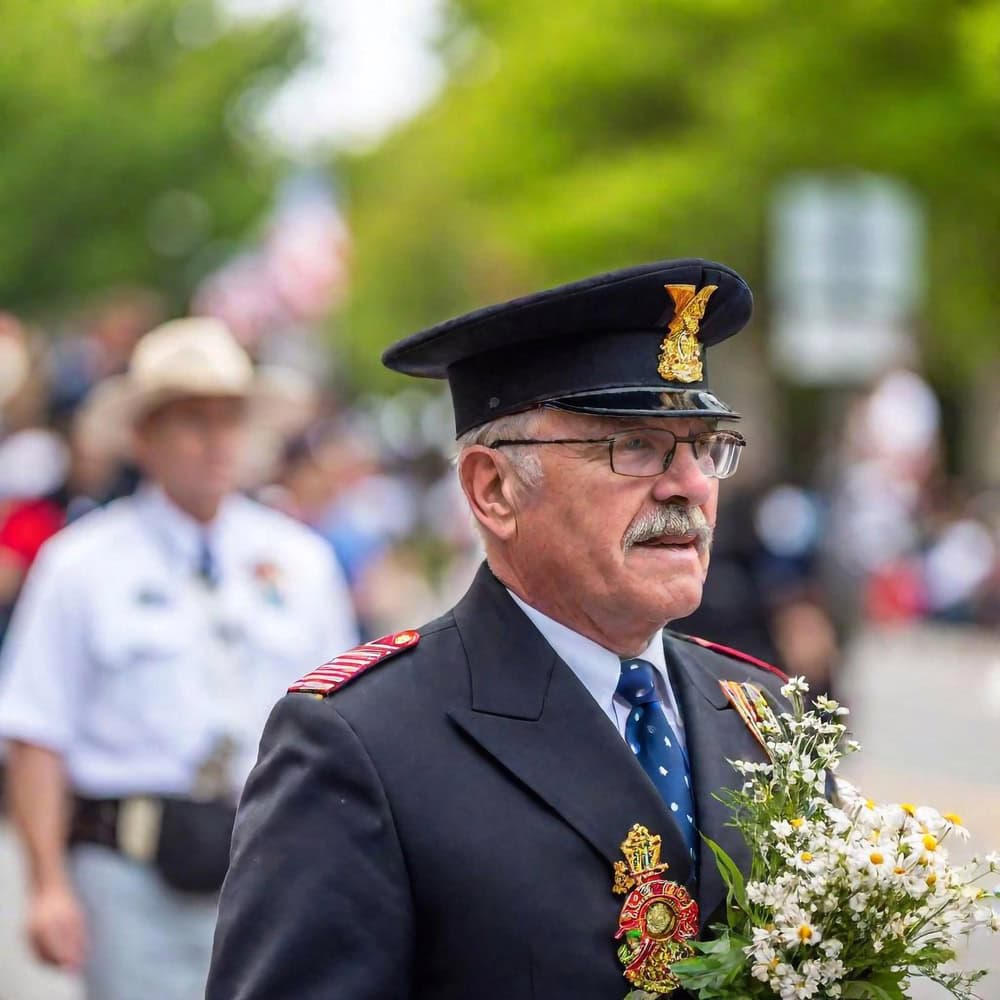 An older man in a formal uniform and cap holds a bouquet of flowers during an outdoor event, with people and greenery in the background.