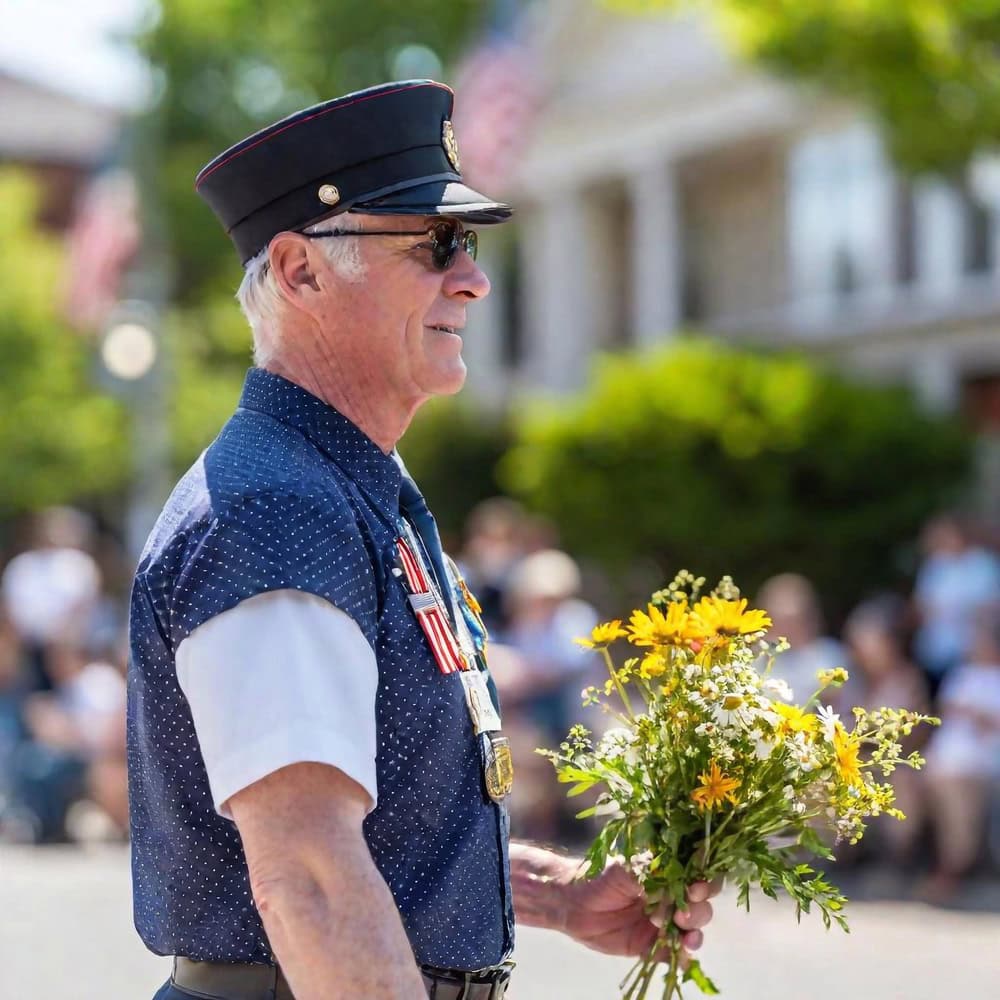 An older man in a uniform and sunglasses holds a bouquet of yellow flowers, walking outdoors during a daytime event with spectators in the background.