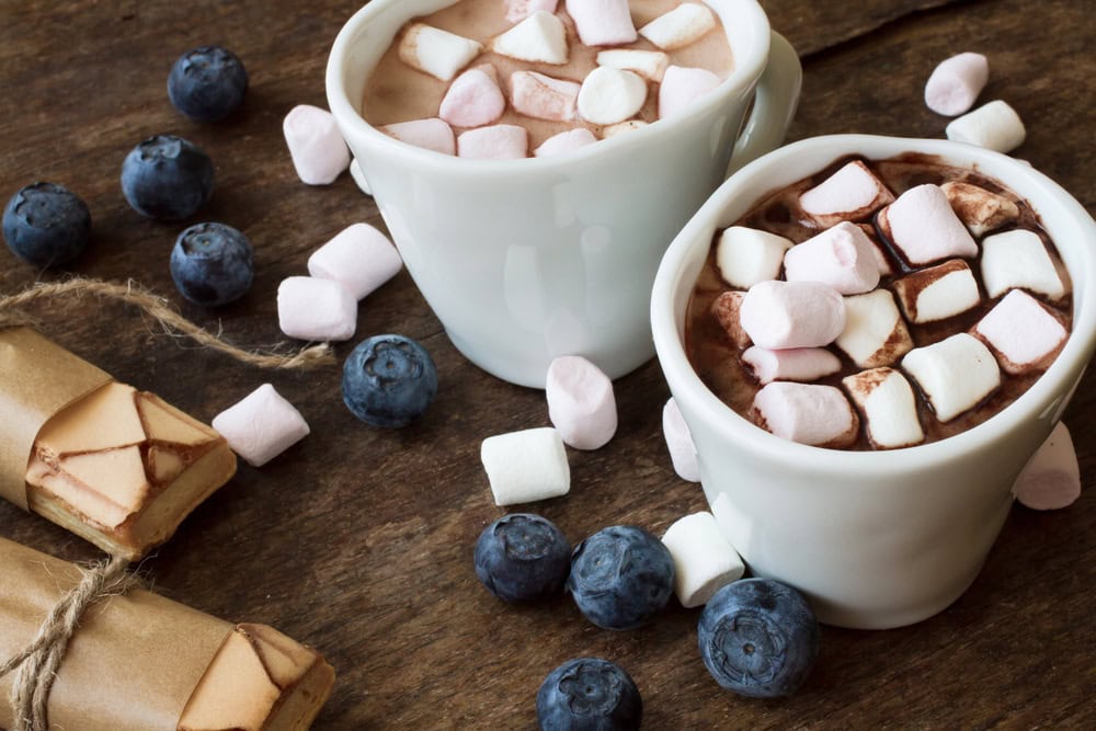 Two white mugs of hot chocolate topped with mini marshmallows are on a wooden surface with scattered blueberries and wafer rolls.
