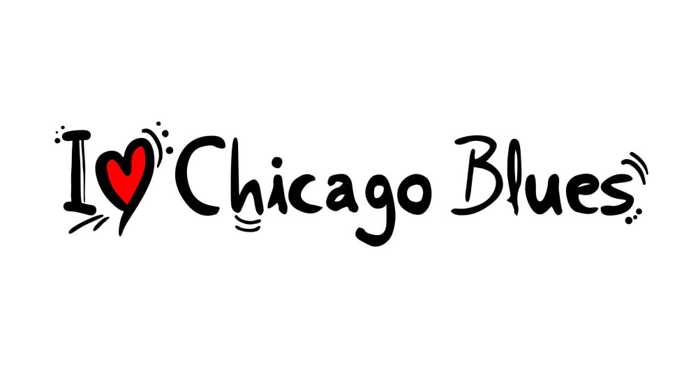 Text reads "I love Chicago Blues" with a red heart symbol replacing the word "love." The design uses playful, handwritten-style black lettering on a white background.