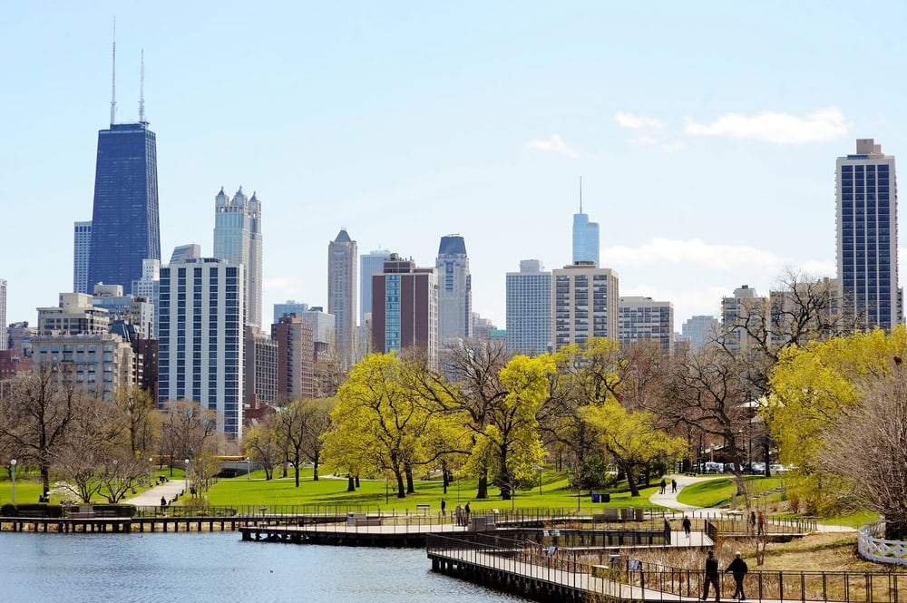 Downtown Chicago skyline with high-rise buildings in the background and a park with trees and a waterfront in the foreground.