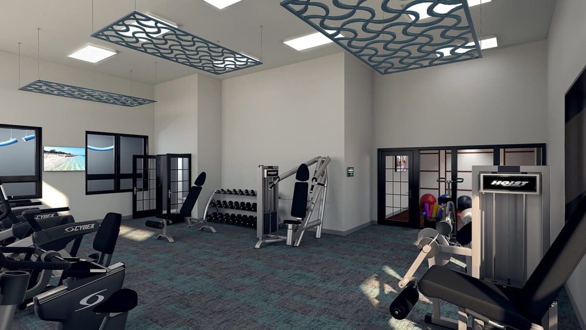 A modern gym with various exercise machines, free weights, and windows, featuring patterned ceiling panels and blue-gray carpeting.