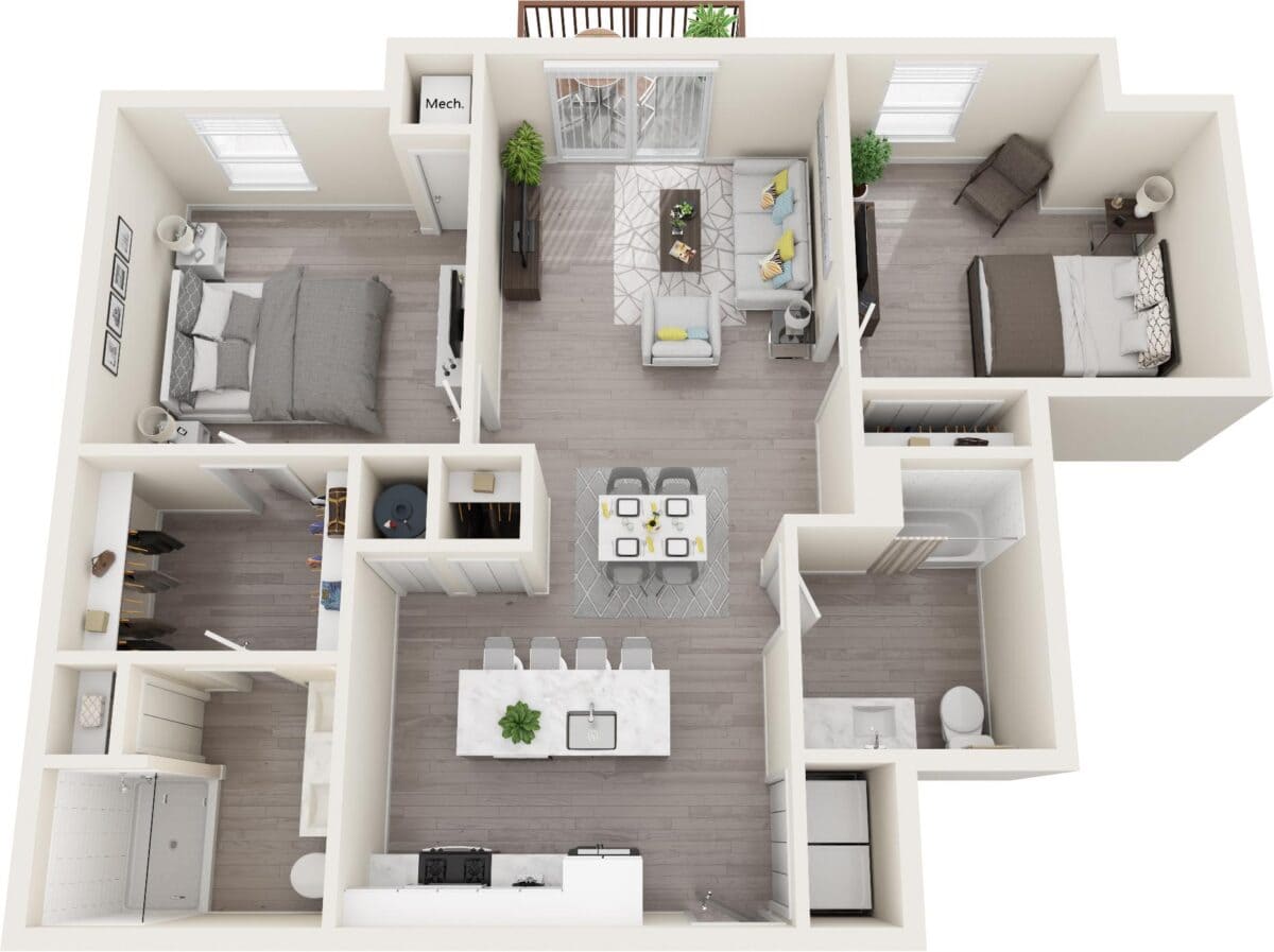 3D floor plan of a two-bedroom apartment featuring an open kitchen, dining, and living area, two bathrooms, balcony, and laundry space.