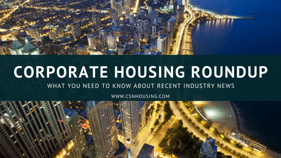 Aerial view of a city at night with the text “Corporate Housing Roundup: What you need to know about recent industry news” overlaid in a banner.