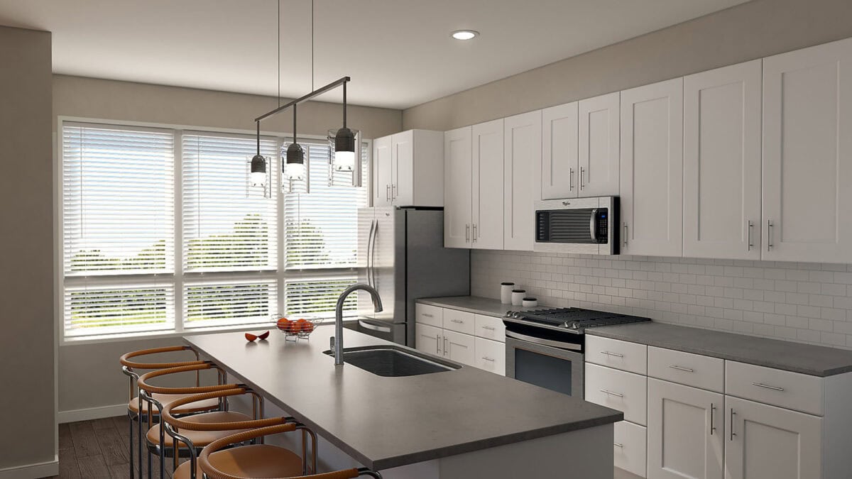 Modern kitchen with white cabinets, stainless steel appliances, an island with a sink, and four bar stools, illuminated by pendant lights and natural light from large windows.