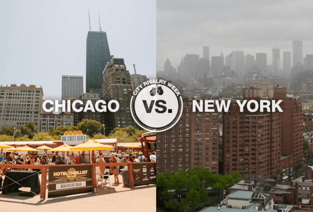 Split image comparing sunny Chicago’s skyline with a food market on the left and a cloudy, dense New York City skyline on the right, labeled "Chicago vs. New York.