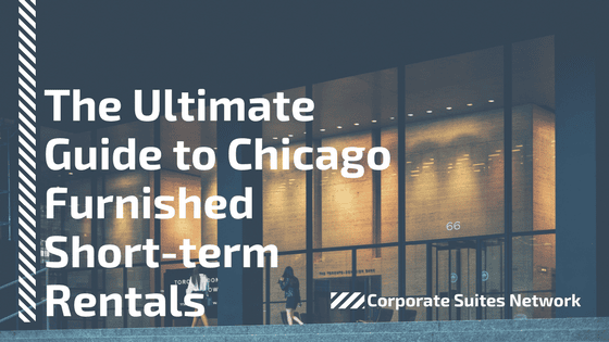 Modern building entrance at night with large glass doors. Text overlay reads “The Ultimate Guide to Chicago Furnished Short-term Rentals. Corporate Suites Network.”.